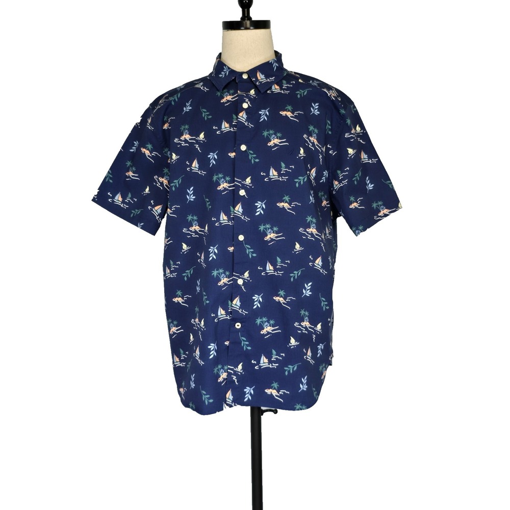 Nautica Mens Classic Fit Stretch XXL Button-Up Shirt Blue Beach Sailboat Island